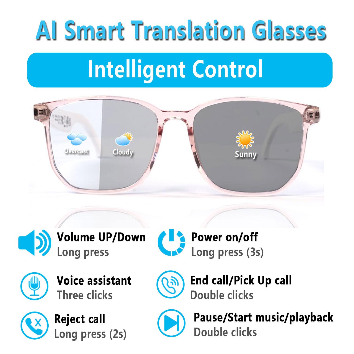 Smart AI Translation Glasses, Real-Time App Translation in Over 160 Languages, Light-Sensing Color-Changing Lenses