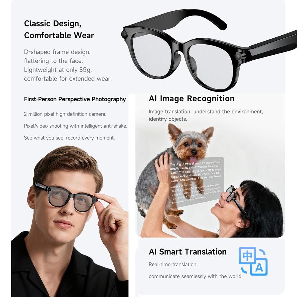 AI Smart Glasses Real-time Translation Bluetooth Call Sunglasses Dual Camera Shoot Audio Video Music Player Multifunctional Men