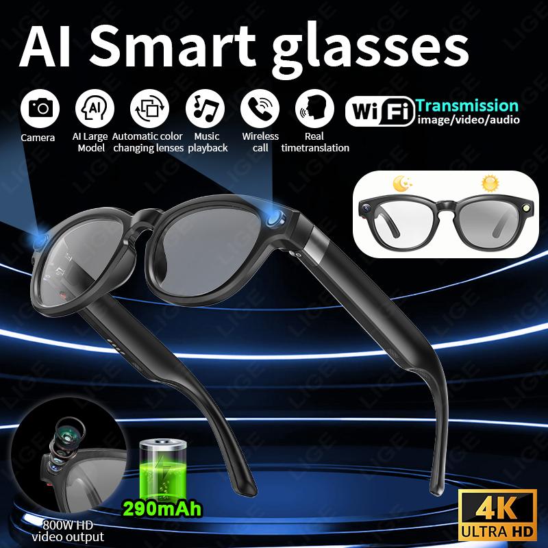 LIGE Smart AI Glasses 800W 4K HD Camera Shooting Video 290mAh Chat Voice Control Translation Bluetooth Call Color-change Lenses