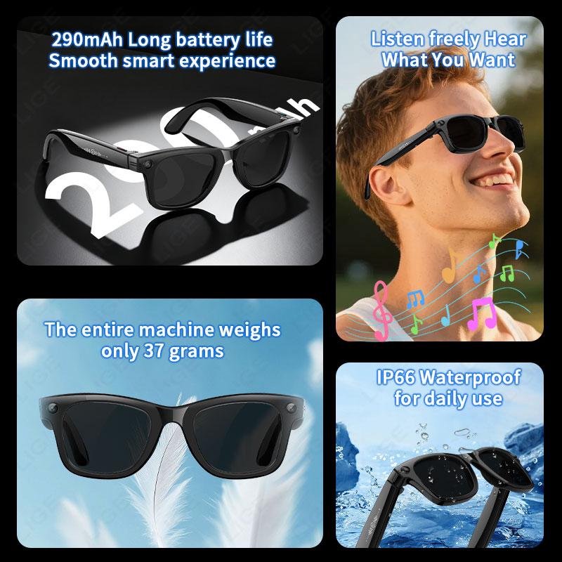 Black Sunglasses with Video Recording, LIGE, New 2025, 5MP Camera, Bluetooth Calling, Music Playback, Language Translation, AI Smart Glasses, For Men and Women