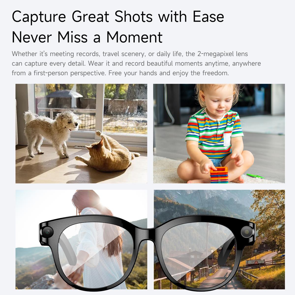 Smart glasses with AI technology, new AI features, HD camera, LED lights, AI translation, conversation mode, 290mAh battery, perfect for meetings, video recording, and outdoor sports sunglasses.