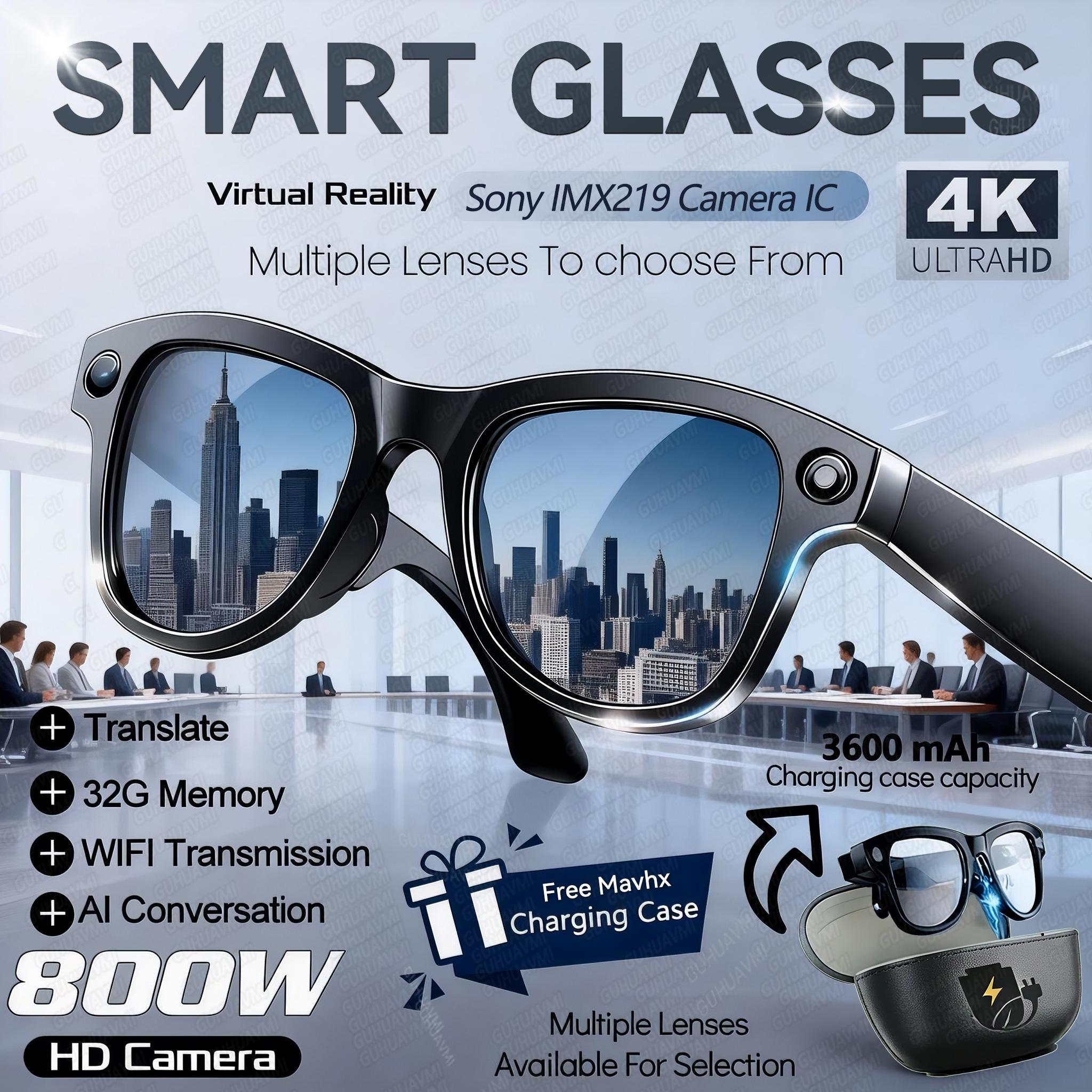 Smart glasses, 800W, 4K camera, designed for men, perfect for video recording, 3600mAh backup battery, supports translation in 120 languages, music glasses, designed for women, new in 2026