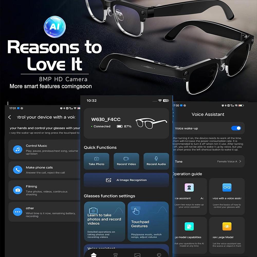 Smart Glasses, 4K HD, with an 800W High-Resolution Video Camera, AI Image Recognition, 4GB, Bluetooth Calling Translation Function, Earphone Capability, 2026