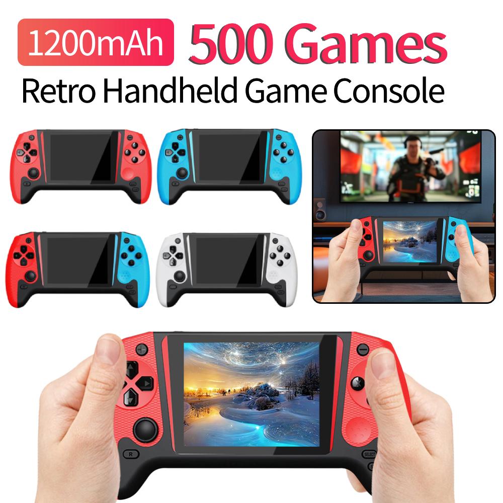 Mobile gaming console with a retro style, featuring a 3.5-inch LCD screen. Built-in video game console with 500 games, TV connectivity, and designed for single-player use.